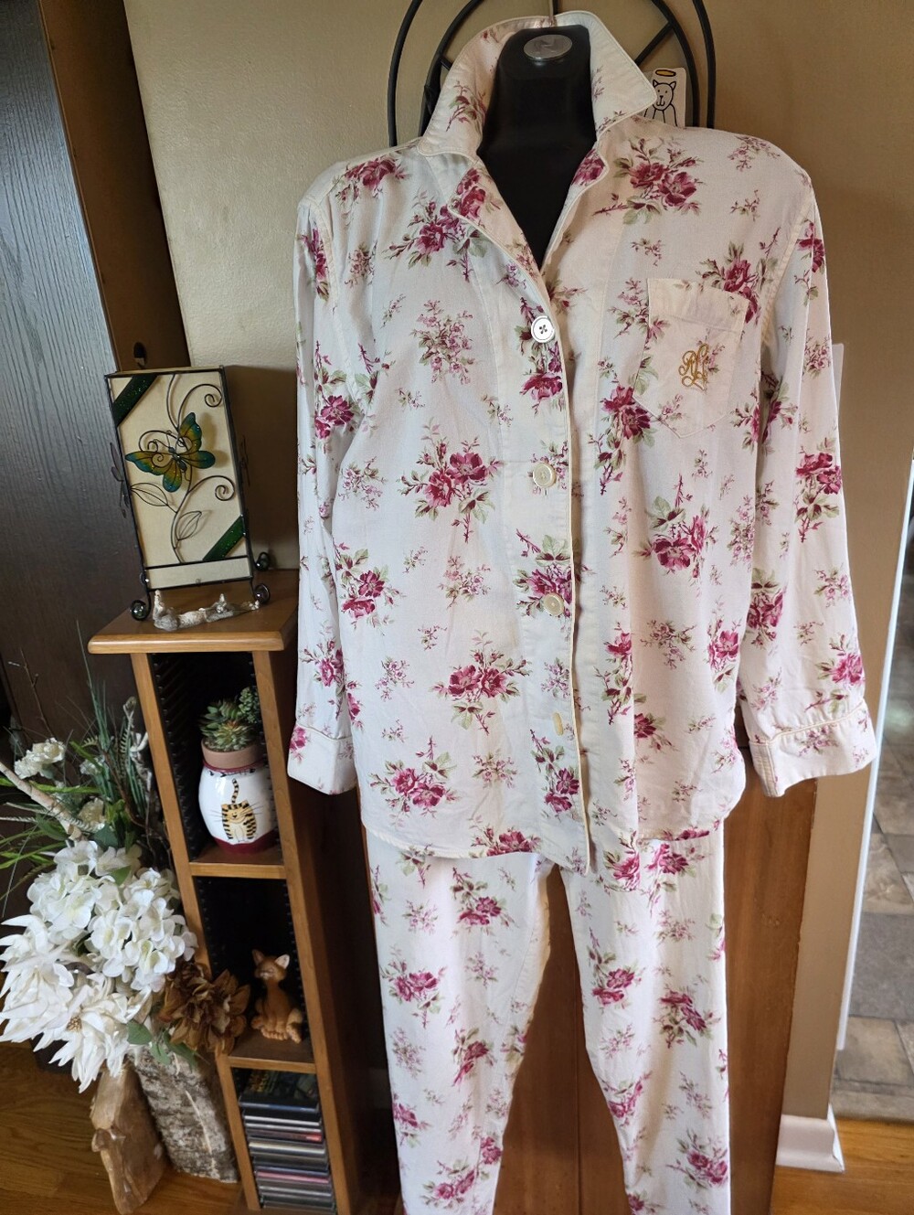 Ralph Lauren Ladies Cream & Pink Floral  100% Cotton Pajama 2 Piece Set Size XL